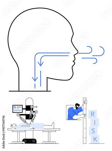 Diagram highlights airflow in human head, robotic surgery arm in operation, and person balancing risk blocks. Ideal for health, technology, science, innovation, analysis, safety simple landing page