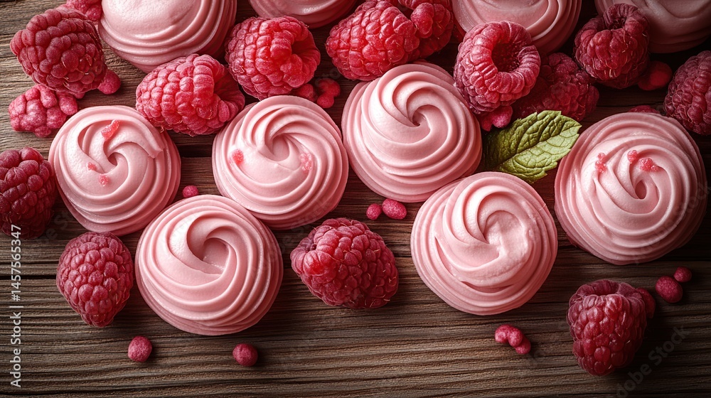 Fototapeta premium Pink meringue cookies decorated with fresh raspberries, arranged on a wooden surface