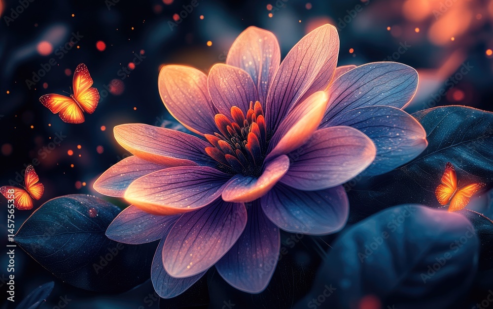 Fototapeta premium Glowing flower, butterflies, dark foliage, magical scene, fantasy art