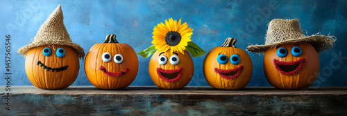 Cheerful Pumpkin Family with Sunflower and Straw Hats – Festive Halloween Decor