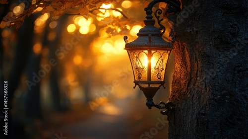 Golden light from a vintage lantern illuminates a pathway through a misty autumn forest