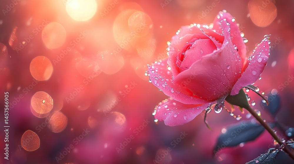 Obraz premium Pink rose with water droplets, backlit by warm sunset light, in a garden setting