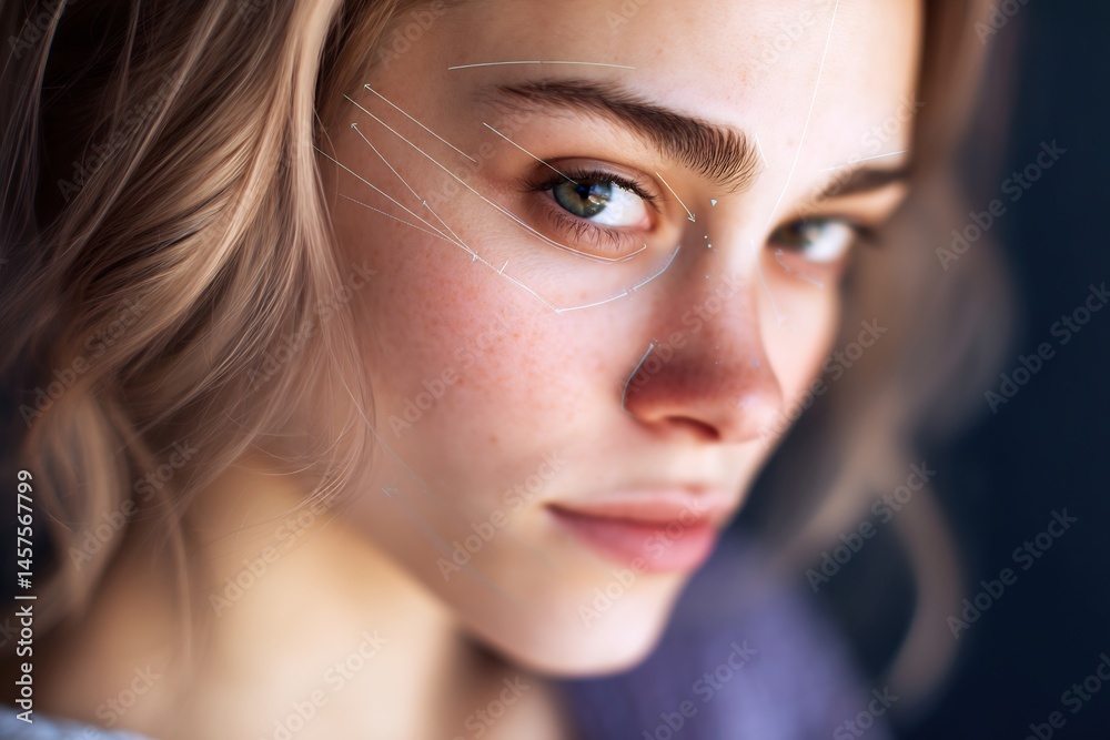 Fototapeta premium young woman with contour lines drawn on cheeks and forehead, tutorial step