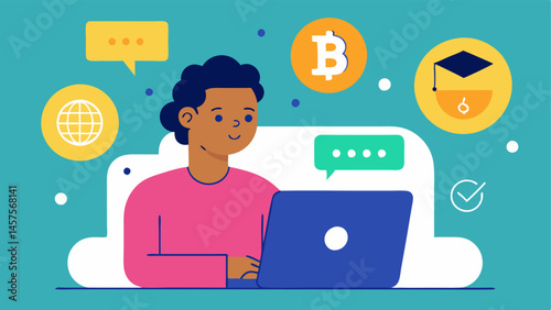 Cryptocurrency Scam A person staring at a digital wallet on their screen with a puzzled expression surrounded by symbolic coins and flashy promises of high returns with a barrier