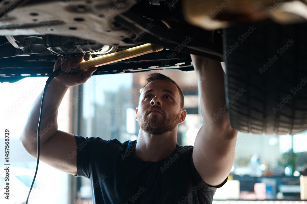 Light, inspection and mechanic with car in workshop for service, maintenance or repair for safety. Torch, auto engineering and male industrial worker checking bottom of vehicle for oil leak in garage