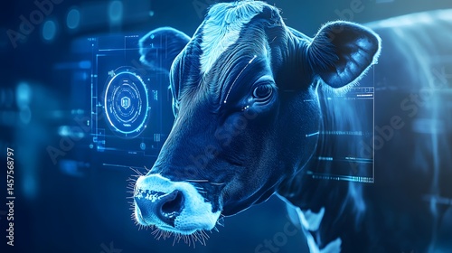 Futuristic cow portrait with digital overlays suggesting data analysis, artificial intelligence, and advanced agricultural technology.