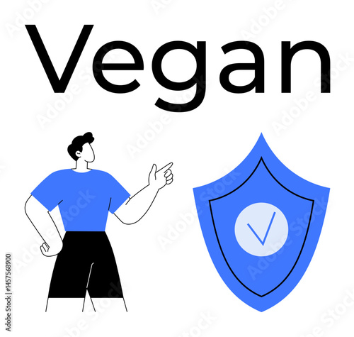 Person gesturing beside a blue shield with a checkmark, symbolizing vegan health, safety, and approval. Ideal for health awareness, plant-based living, eco-lifestyle, ethical choices, safety food