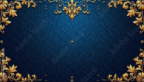 Intricate floral damask pattern in elegant gold on deep blue background , damask, design, repeating