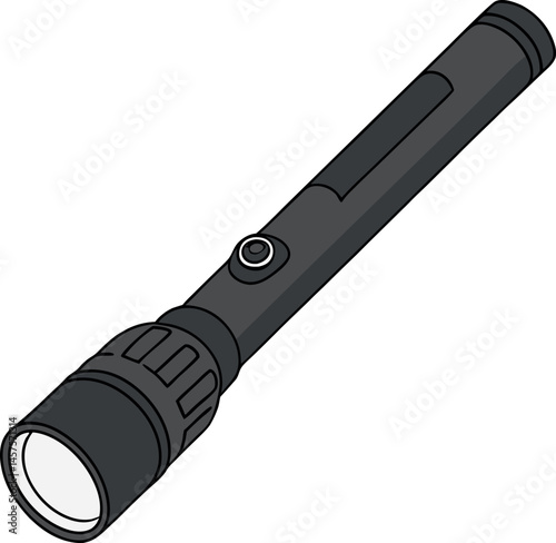 Essential Tool in the Darkness: A sleek, black flashlight casts a beam of light. This illustration captures the essence of preparedness, power, and illumination.