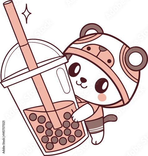 Adorable Bear with Boba: A cute bear character, brimming with joy, clutching a refreshing boba drink. It's a cheerful illustration of fun and refreshment. 