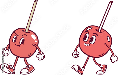 Candy Apple Cartoon Duo: A vibrant and whimsical illustration of two cheerful candy apples, each sporting a distinct personality.