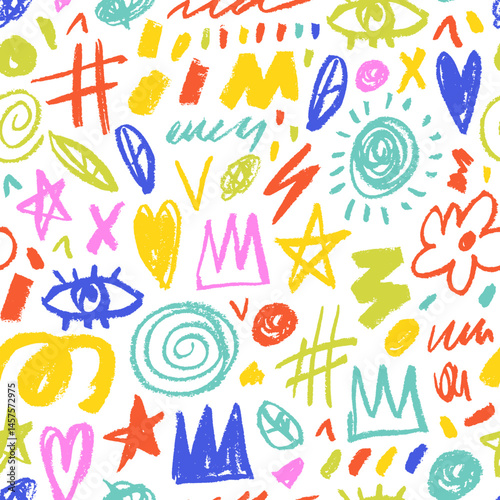 Colorful kid's seamless pattern with doodle lines, funky childish shapes and scribbles. Crayon drawn quirky style seamless pattern. Messy  background with expressive inky elements for kid's design.