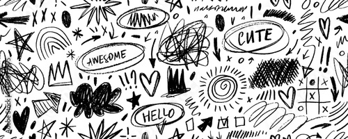 Punk doodle scribbles seamless pattern. Kid's drawings, hand drawn childish funky shapes, crayon drawn squiggles and scrawls. Creative abstract vector messy doodles background. Quirky scribbles.