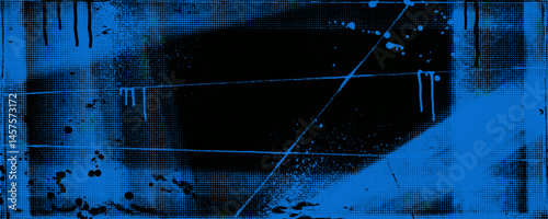 Blue and black colored grunge punk texture background with halftone overlay, paint drops and splashes. Modern urban graffiti style banner or poster design. Graffiti punk banner with distress texture.