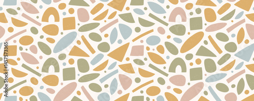 Crayon drawn pastel colored funky shapes, organic figures seamless pattern. Hand drawn vector childish cute drawing.