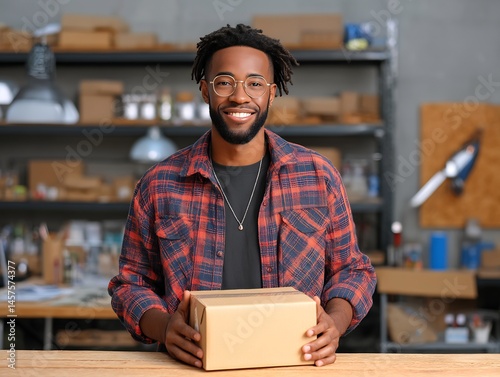 entrepreneur smiling holding product packaging photo