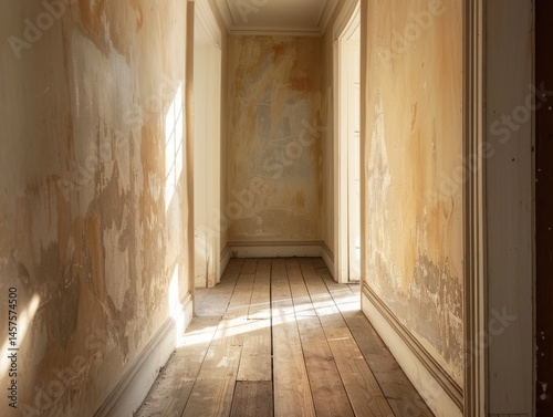 A hallway with a white wall and wooden floor. The wall is peeling and the floor is made of wood