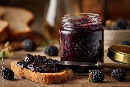 Homemade Blackberry Jam in Glass Jar with Rustic Bread