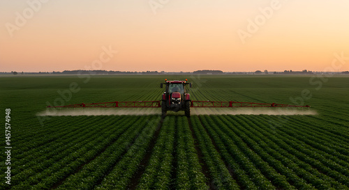 Red Tractor Sprays Crops in Field During Sunset Agricultural Landscape