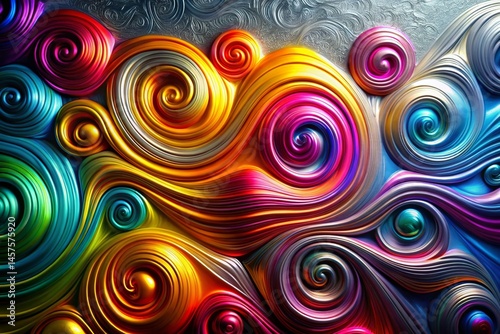 Abstract Colorful Swirls on Silver Metallic Background - Minimalist Design