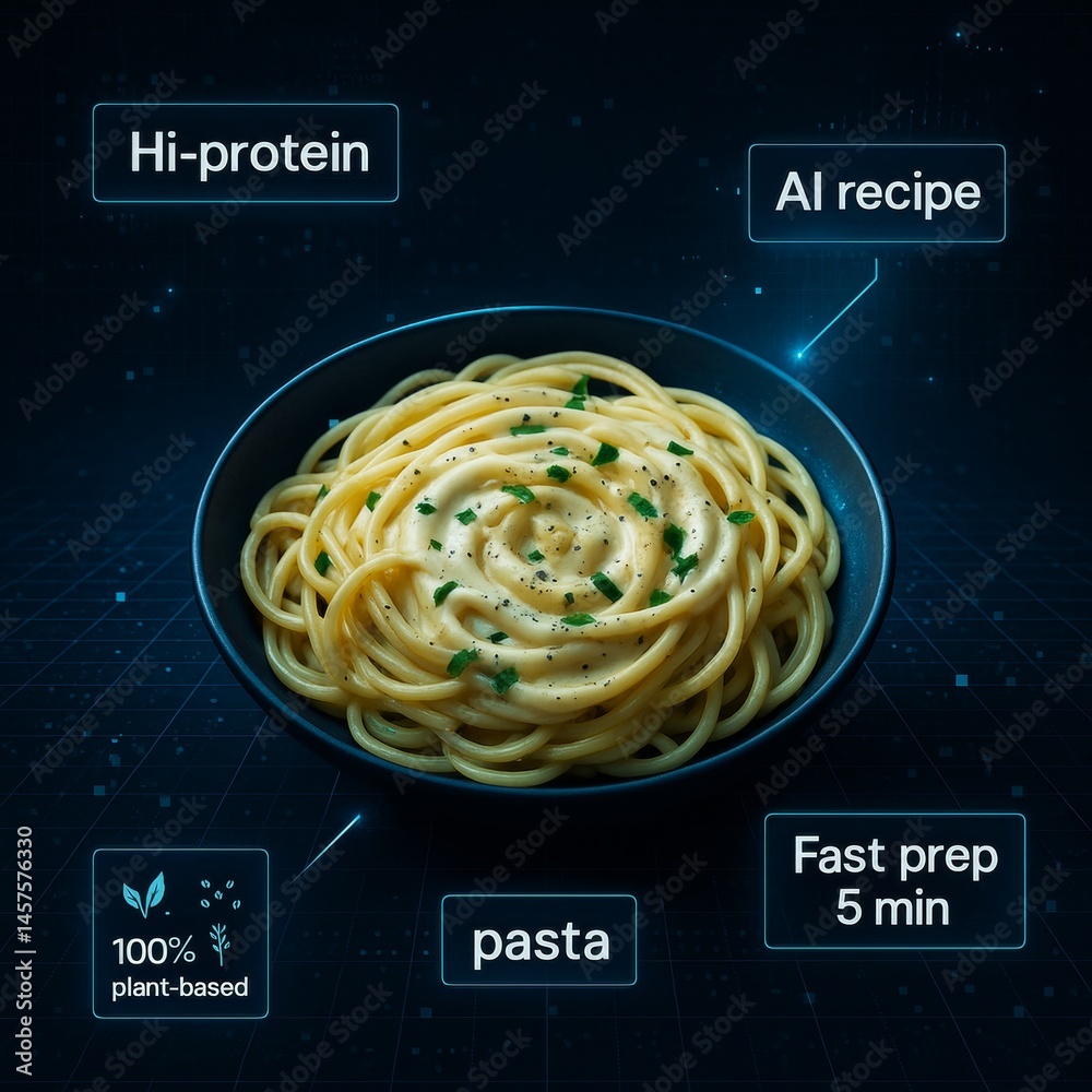 Creamy plant-based high-protein pasta seasoned with herbs and spices, served in a modern black bowl, embodying a quick and easy ai-generated recipe
