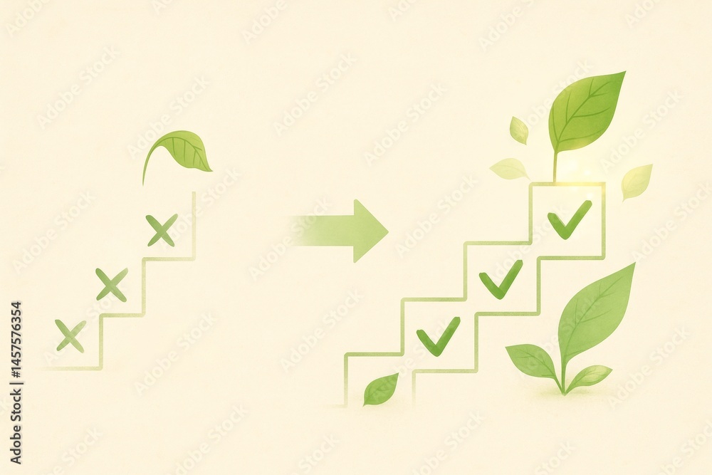 Green leaves thriving on checked boxes along ascending stairs, representing sustainable business growth and the journey toward achieving important goals and milestones