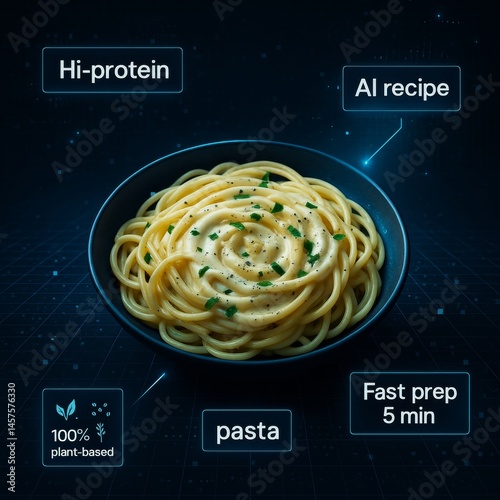 Obraz na płótnie Creamy plant-based high-protein pasta seasoned with herbs and spices, served in a modern black bowl, embodying a quick and easy ai-generated recipe w salonie