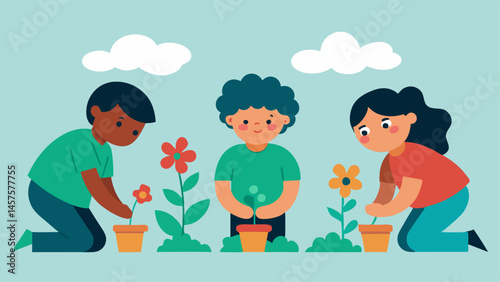 Children Planting Flowers A scene of children planting flowers while looking puzzled about why they dont grow as abundantly as before indicating a communitys realization of