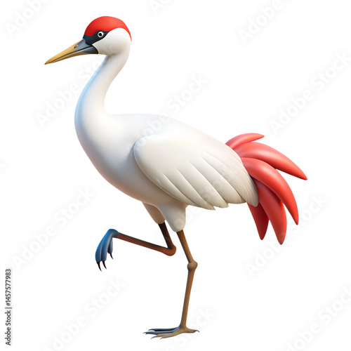 Elegant white crane, vibrant red crest, long yellow beak, slender legs, blue feet, stylized feathers, pink wing accents, minimalist background, digital illustration, smooth shading, realistic textures