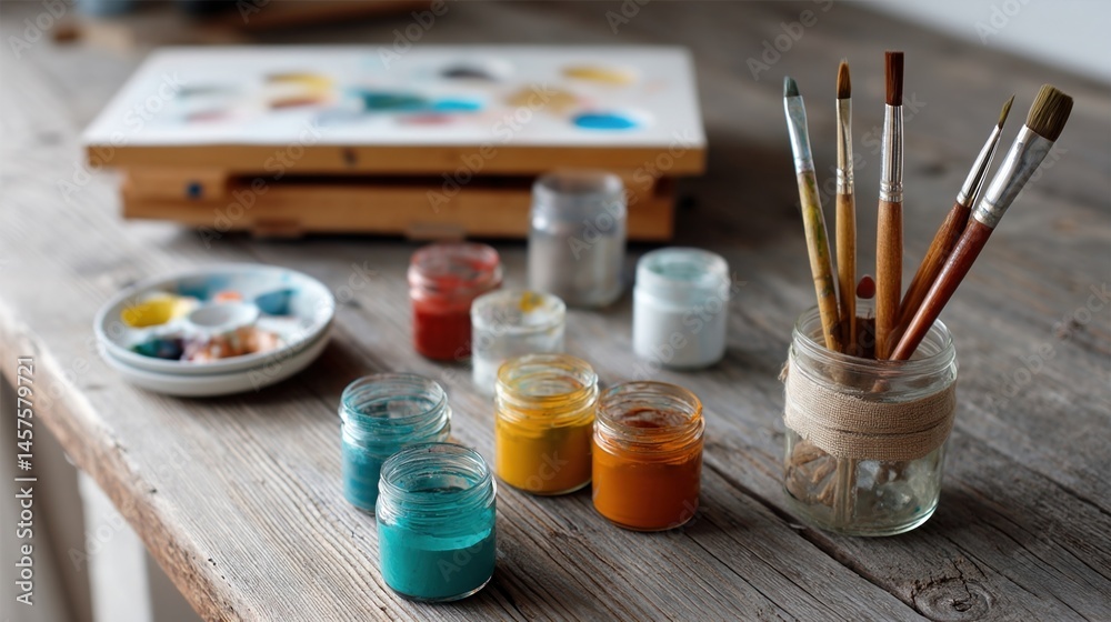 An art supplies setup with paints and canvases showcasing creative expression as a therapeutic outlet for emotions and stress.