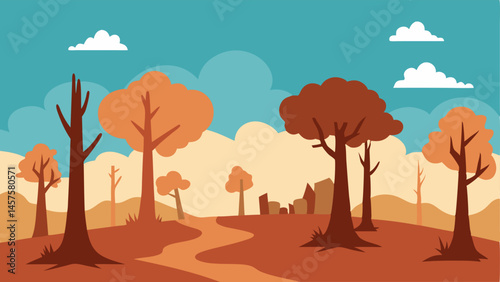 Deforested Landscape An image of a oncelush forest now reduced to stumps and patches of barren land. Uprooted trees lay on the ground with a cloud of dust rising in the air.
