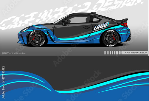 Car Wrap Design. Livery decal car vector with black blue white colour. Sticker full body car suitable for racing, rally, drift and daily use