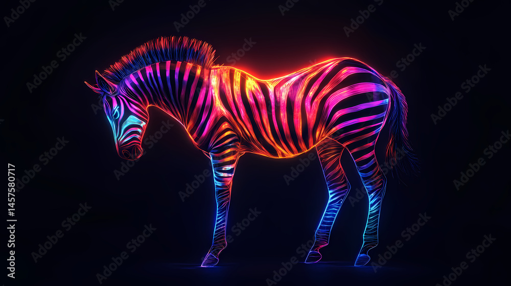 Fototapeta premium Dazzling neon zebra shining brightly on black background image. [Neon Beasts] | Electric Lurk | low glow. Illustration