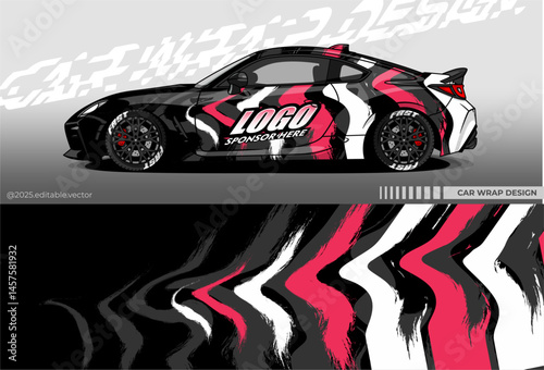 Car Wrap Design. Livery decal car vector with black pink white colour. Sticker full body car suitable for racing, rally, drift and daily use