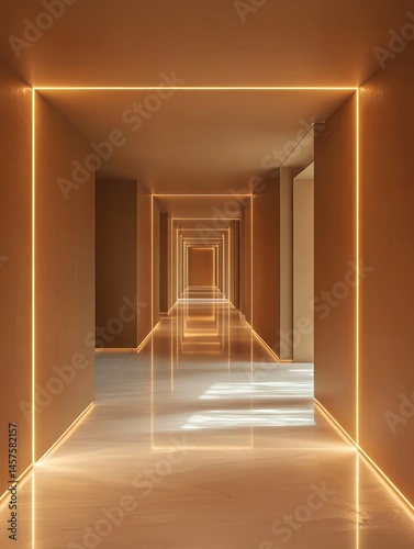 A minimalist corridor with subtle lighting and geometric wall designs.