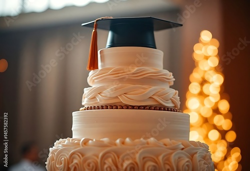 white cake with a graduation cap on top of it