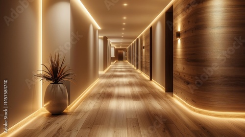 A modern hotel corridor with soft lighting and sleek wooden flooring.