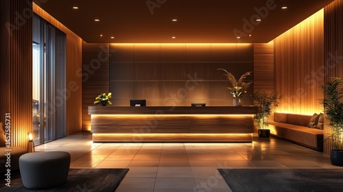 A modern hotel reception area with a sleek wooden desk and ambient lighting.