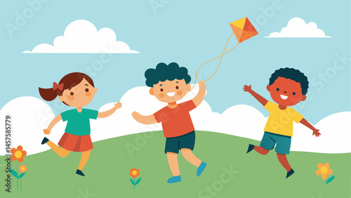 Children Playing in Nature A group of children playing joyfully in a field flying kites and chasing each other highlighting the carefree nature of outdoor play.