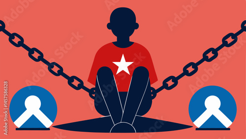 Chained to Ideology A person sitting with chains attached to their wrists with one chain leading to a giant symbol representing a political party. This represents how extreme
