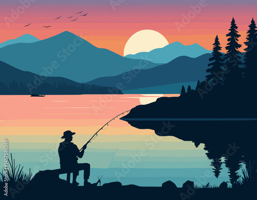 Man Fishing with a Rod by the Lake at Sunset – Vector Illustration