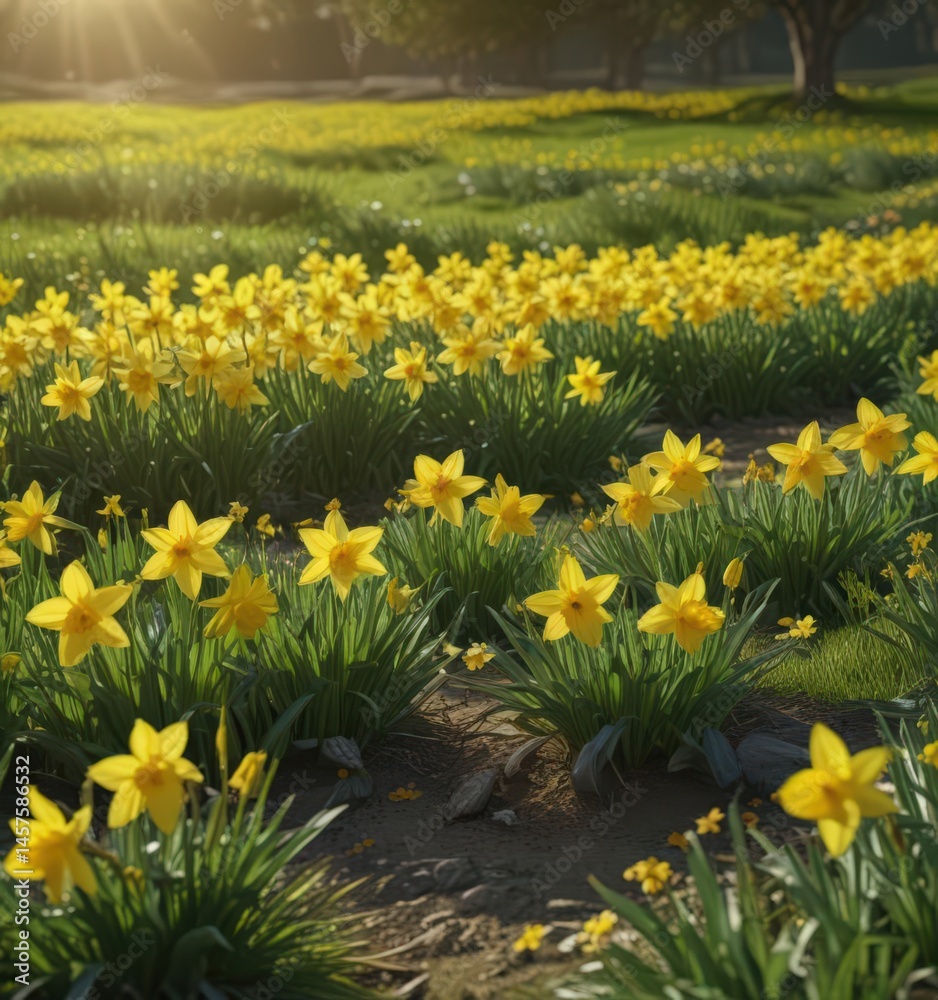 Obraz premium Sunlit daffodils burst forth in vibrant yellow against a lush green field , sunny, blooming