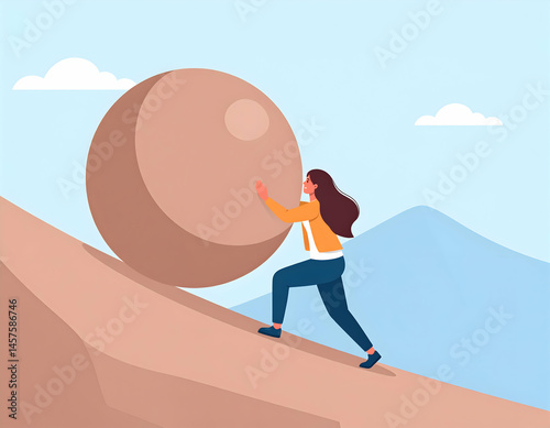Woman Pushing Large Rock Up Hill