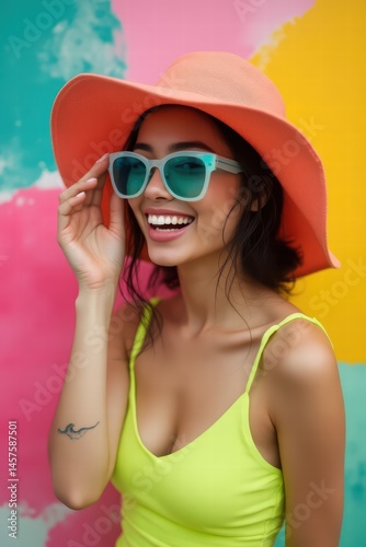 mujer con gafas de sol y pamela estilo moda 