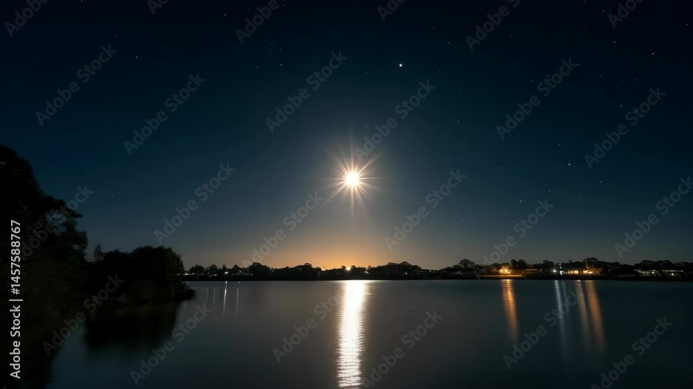 Bright celestial object shines over calm lake at night, sky filled with stars and reflections of light shimmer on the water surface Bright celestial object shines over calm lake at night, sky filled with stars and reflections of light shimmer on the water surface