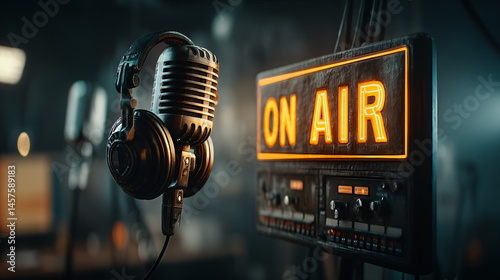 Microphone and headphones in a recording studio. Professional podcast and broadcasting concept. Live broadcasting technology and communication equipment. With an orange neon sign 