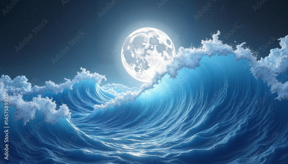 Abstract digital illustration of ocean waves illuminated by moonlight