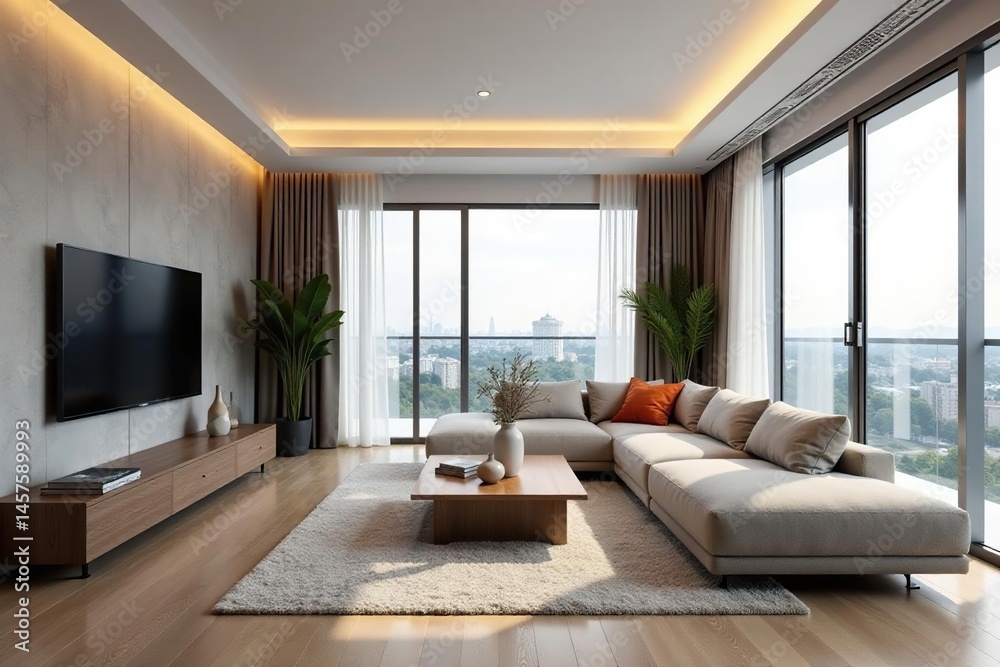 Fototapeta premium Modern minimalist condo living room, sleek design, metal, grey