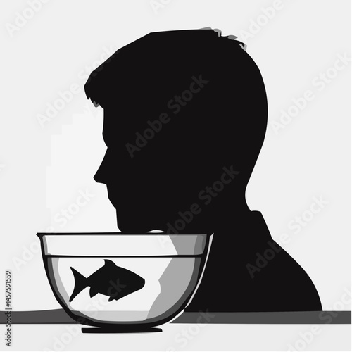 Silhouette of a boy contemplating fish in a bowl against a gray background  