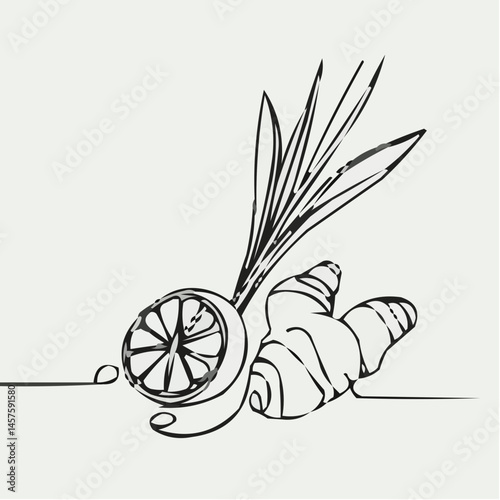 Icon - Minimalistic Line Drawing of Ginger and Lemon on Light Background  